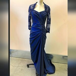 Tadashi Shoji Navy Blue tulle draped long sleeve lace Gown Dress Sz 2  Wedding